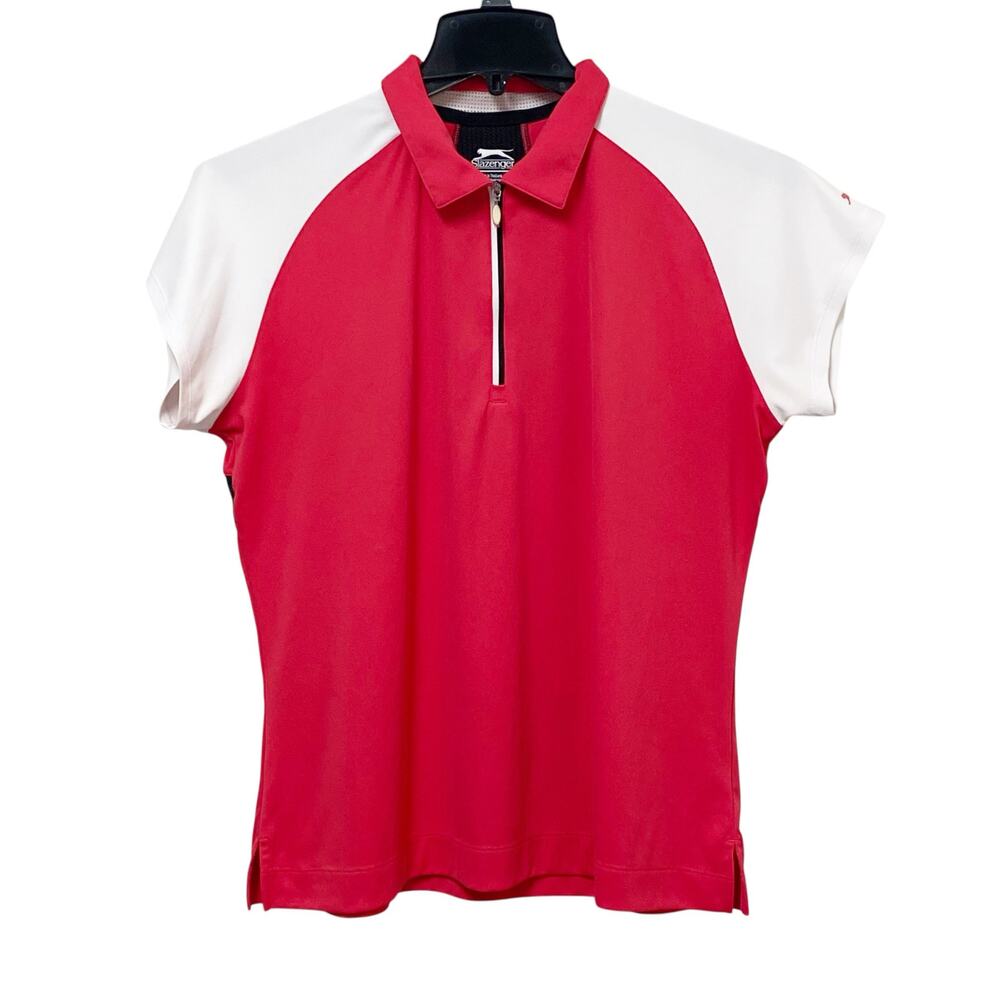 Slazenger Polo Shirt Womens XL Extra Large Red White Quarter Zip Wicking Golf